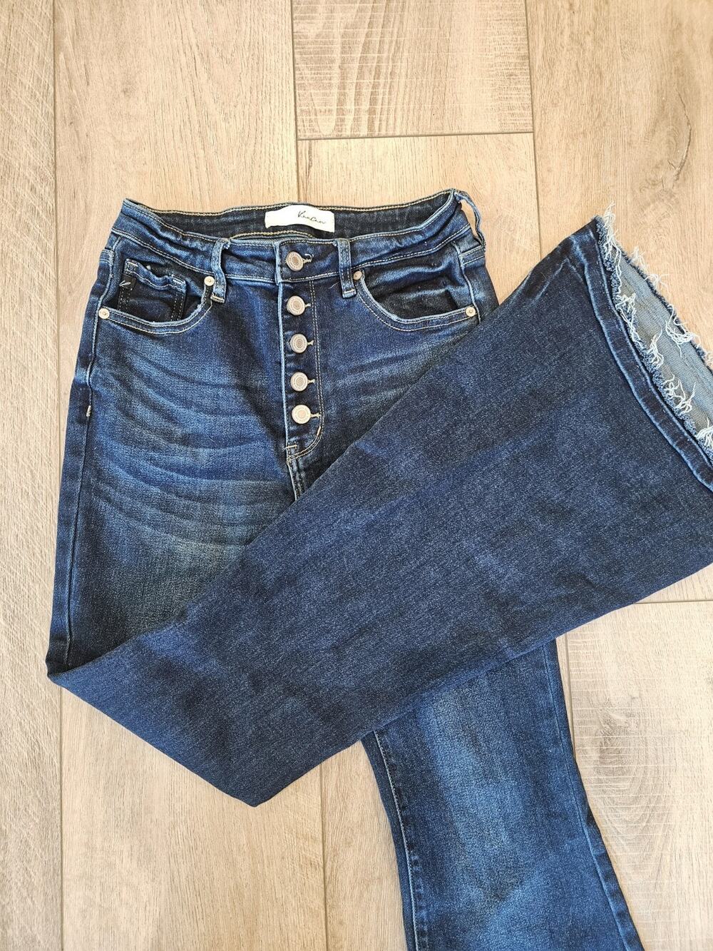 KanCan High Rise Super Flare Button Fly Raw Hem Distressed Jeans Dark Wash 7